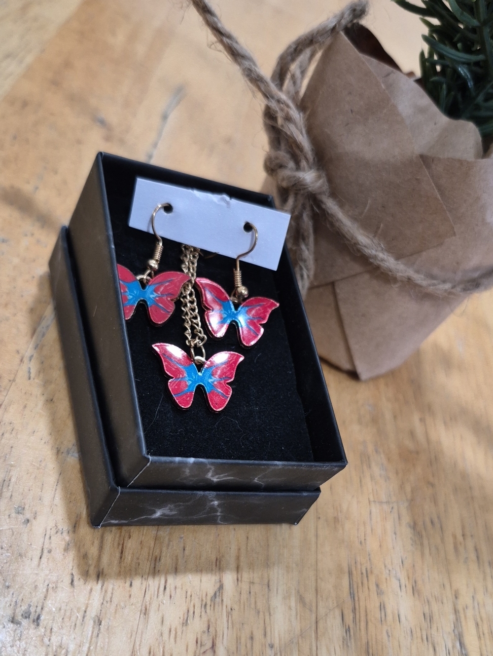 Source Unknown Red and Blue Butterfly Earring Set